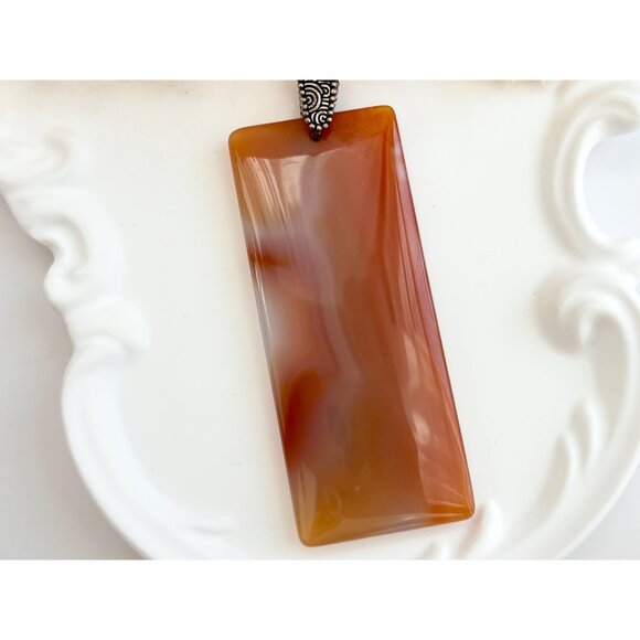 Carnelian Agate Stone Rectangular Geometric Shaped Large Silver Vintage Pendant - Picture 2 of 12